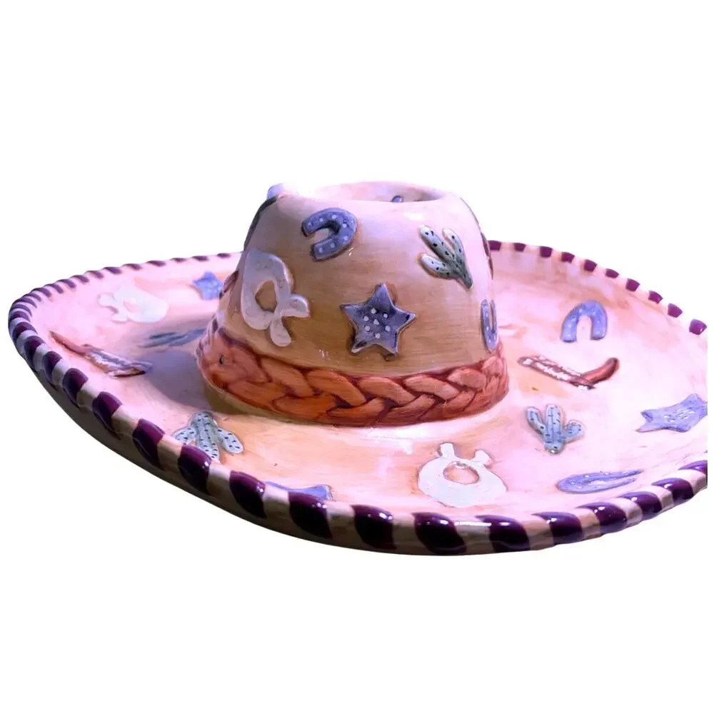 Vintage Cowboy Hat Ceramic Glazed Chip and Dip Bowl Platter Western Embellished
